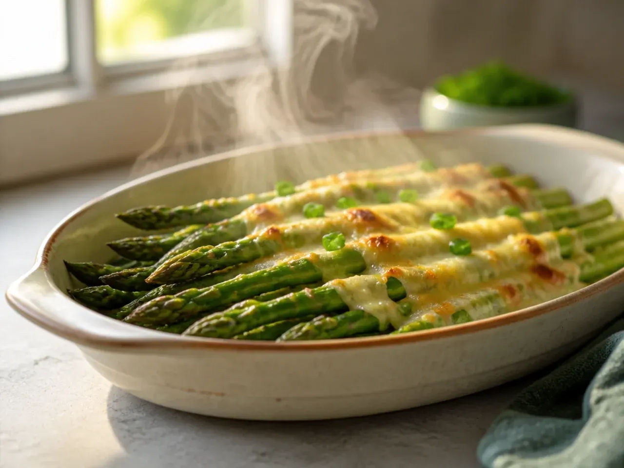 Blanched asparagus spears plunged into a bowl of ice water