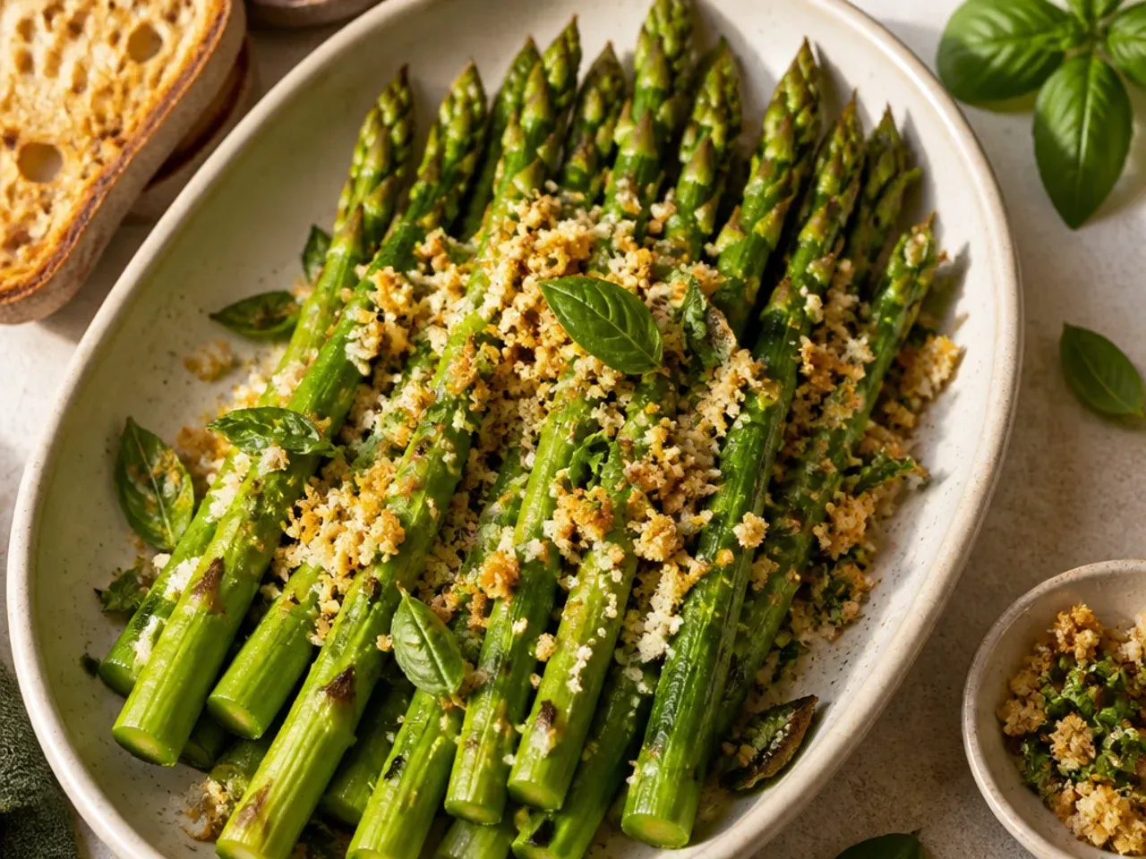 Asparagus spears being tossed with olive oil and salt in a bowl