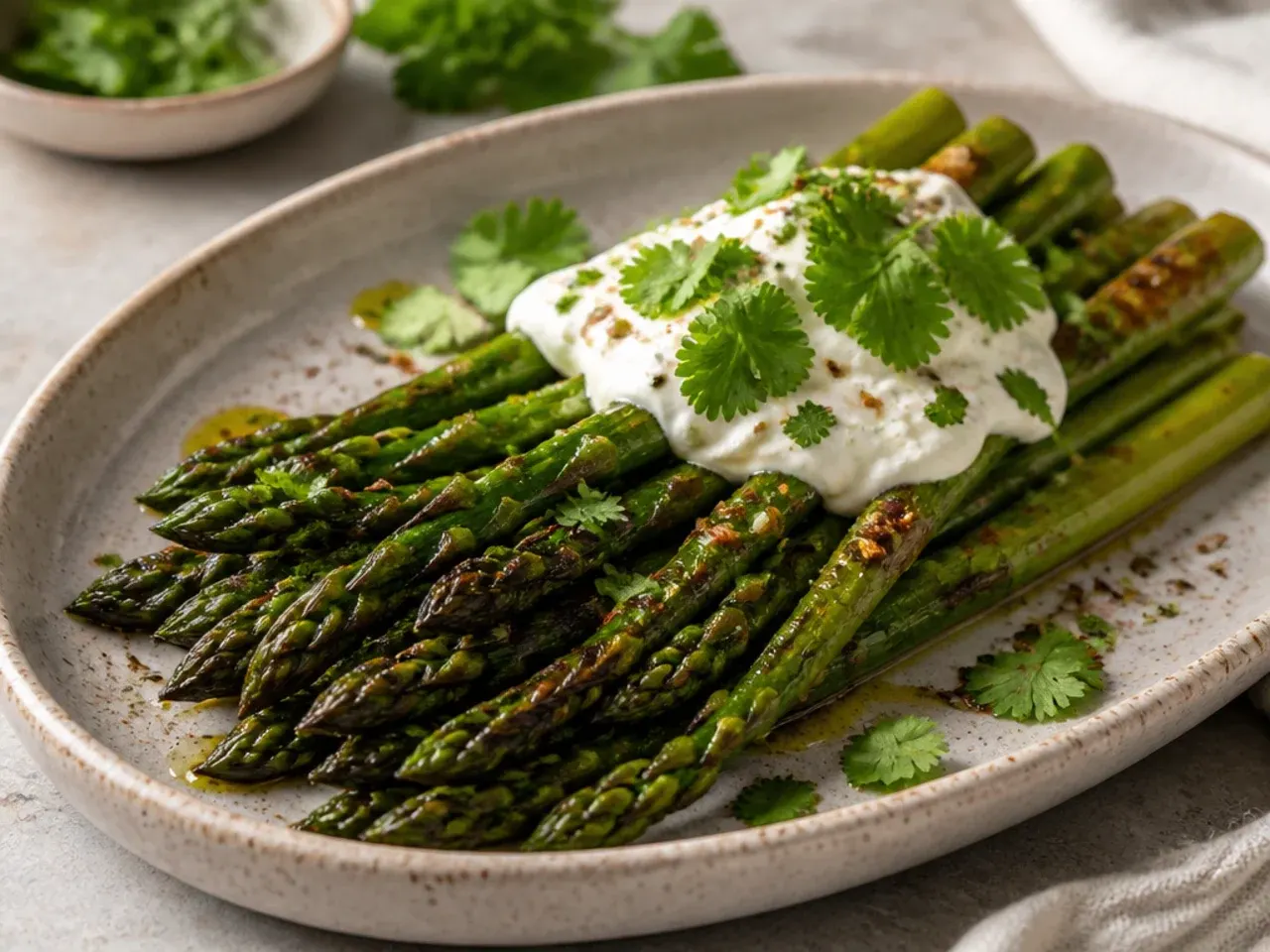 Golden melted parmesan on roasted asparagus tips