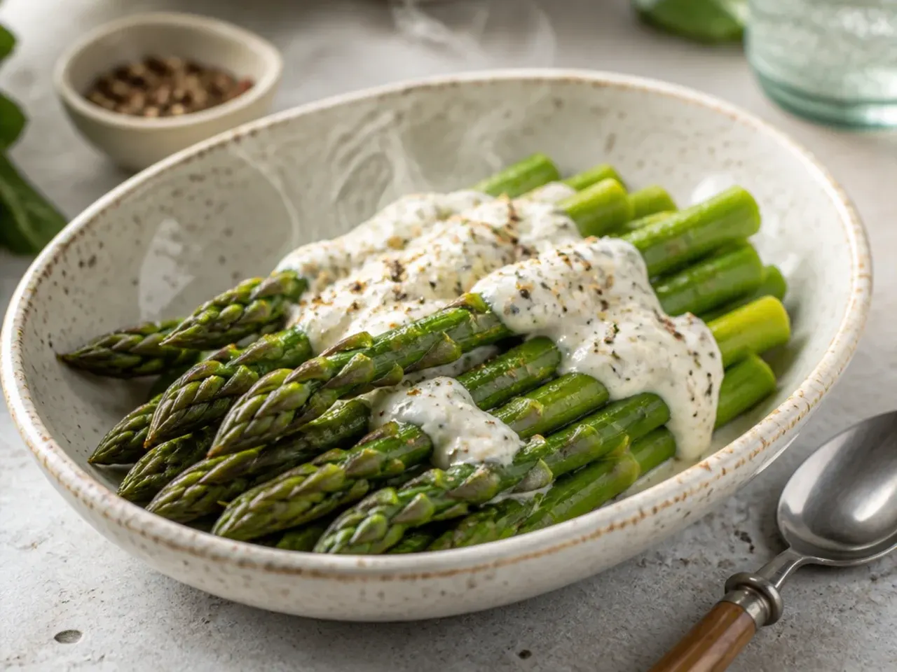 Asparagus spears lightly coated in olive oil on a baking tray