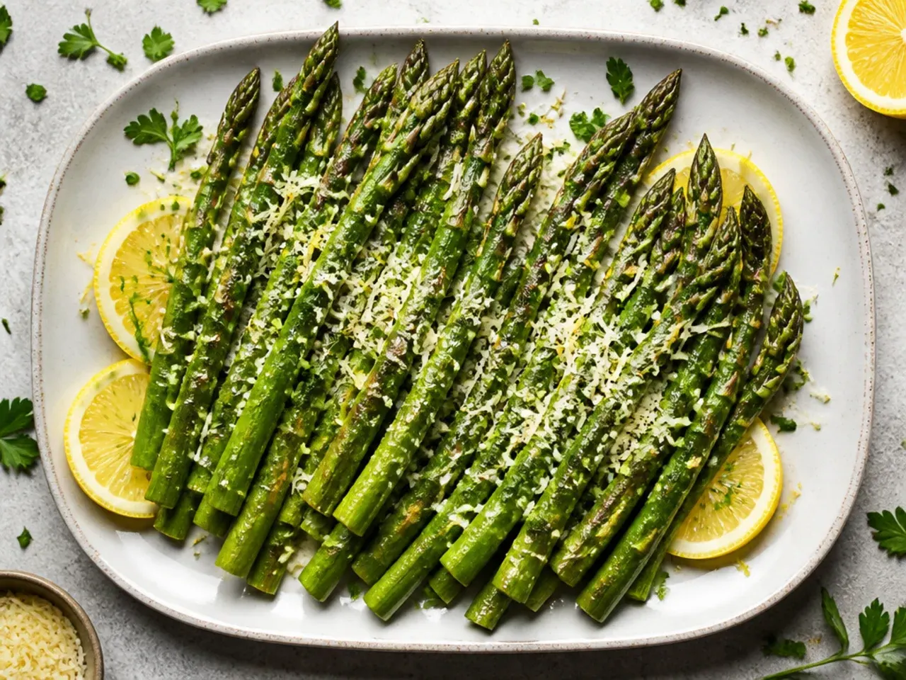 Fresh lemon being squeezed over roasted asparagus