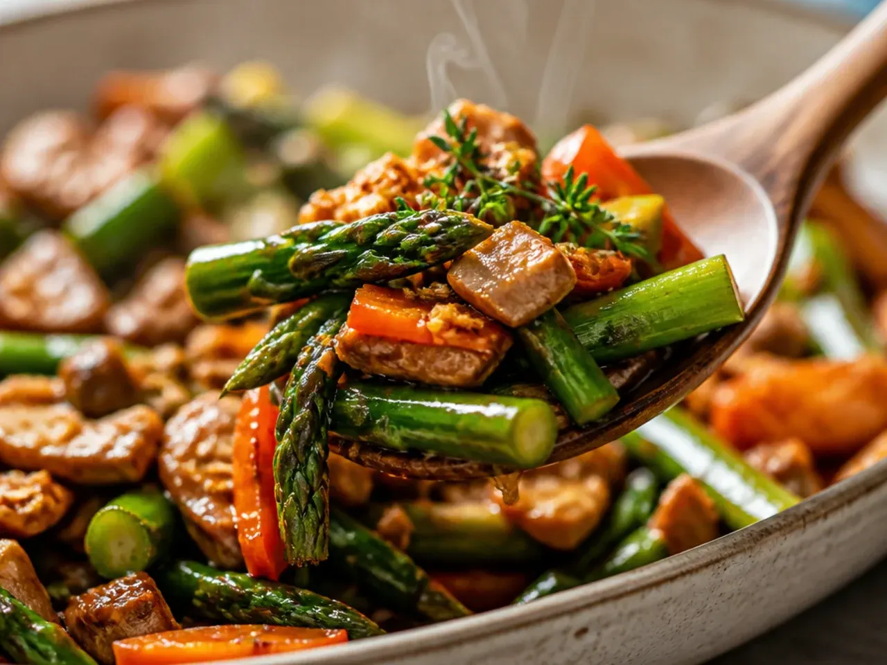 Asparagus pieces added to a hot wok during the last minutes of a stir-fry