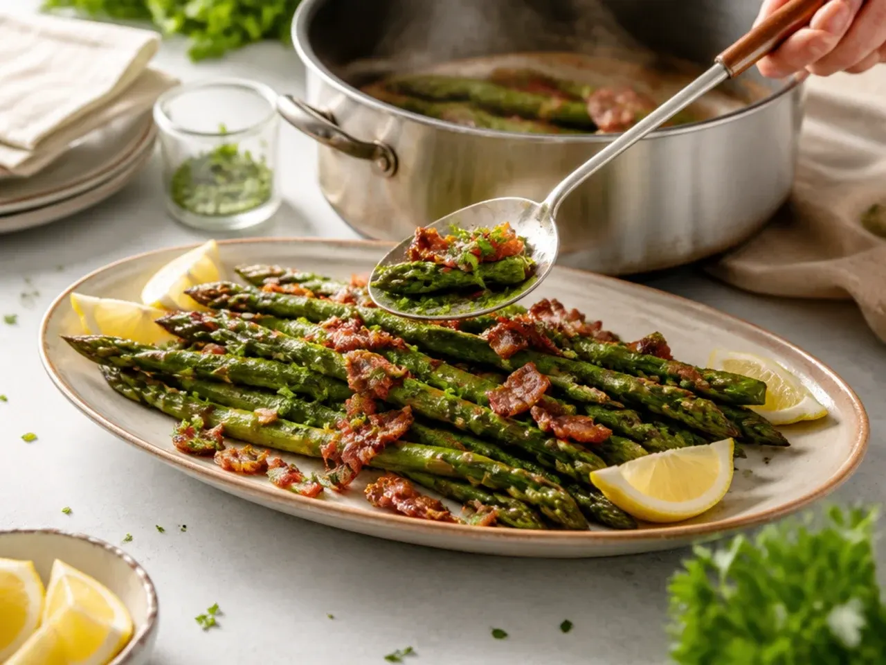 Bacon-wrapped asparagus spears on a roasting rack