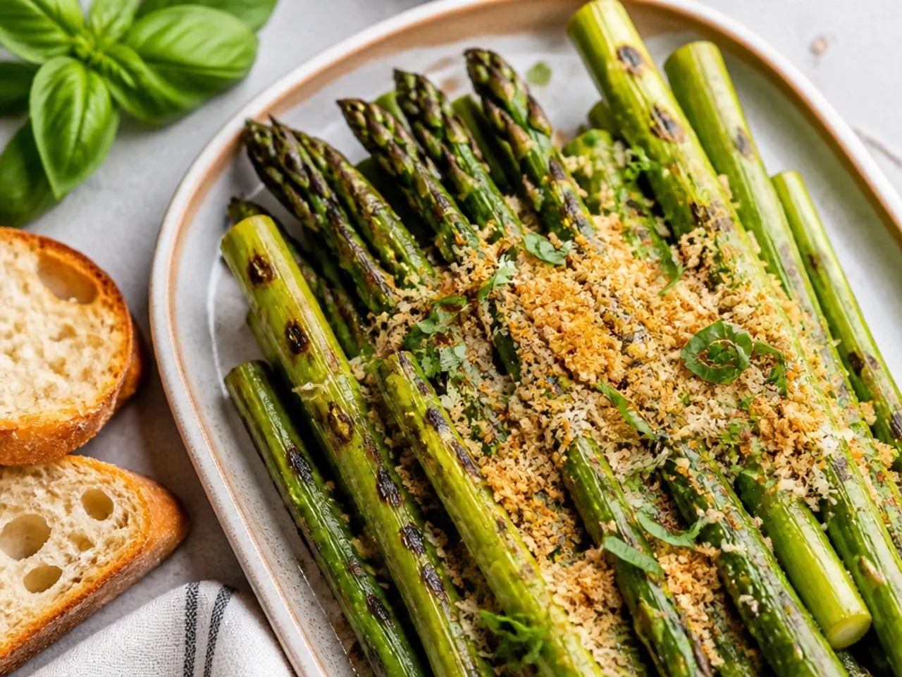 Asparagus spears threaded onto skewers over a grill