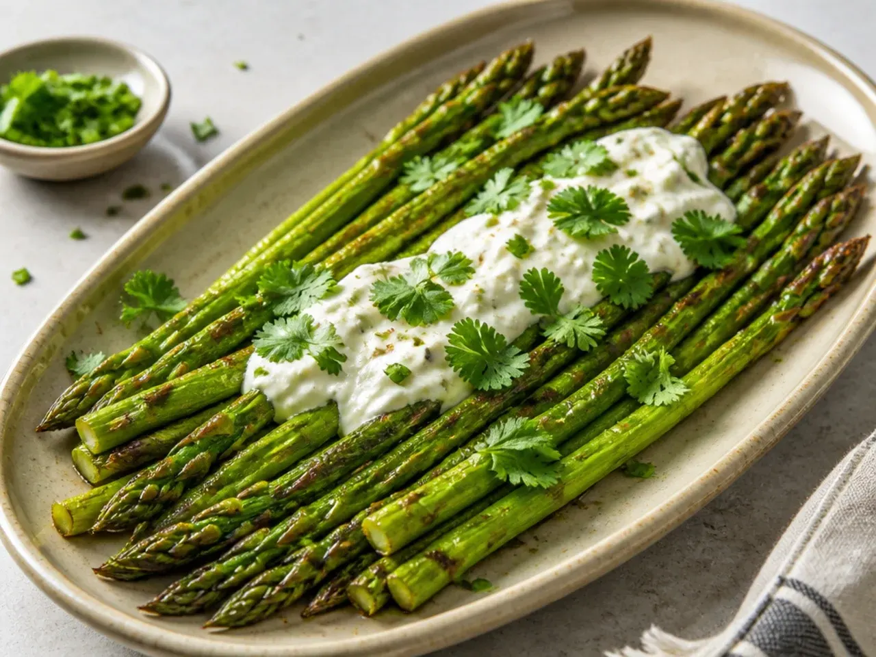 Asparagus spears in a single layer inside an air fryer basket