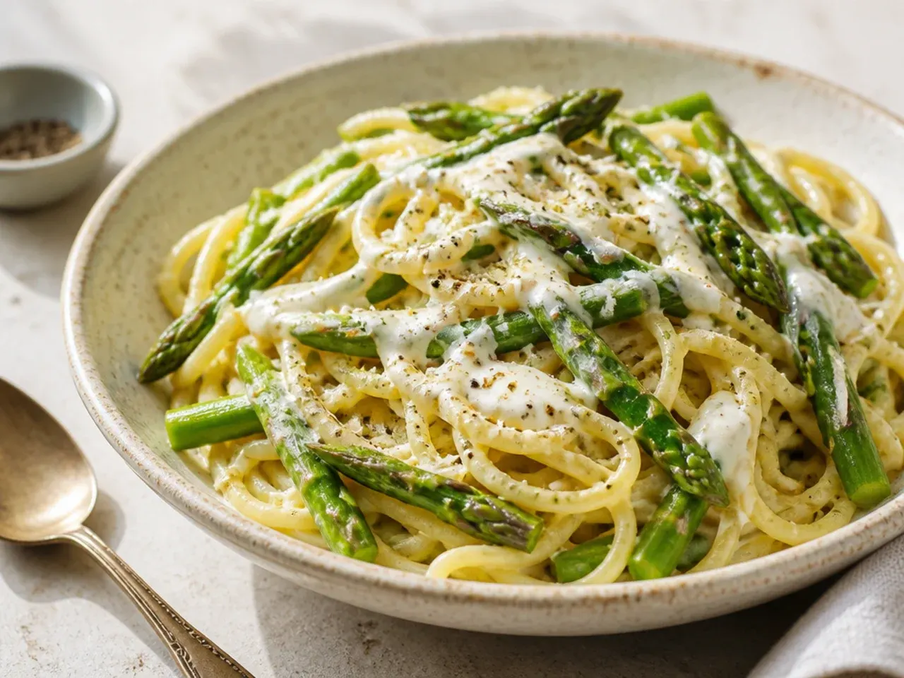 Asparagus pieces added to boiling pasta water in the final minutes