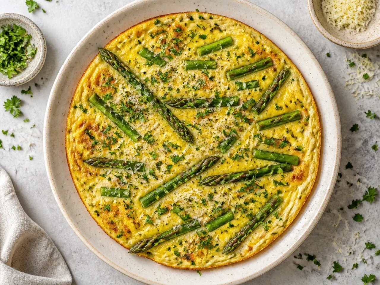 Sautéed asparagus being folded into whisked eggs for a frittata