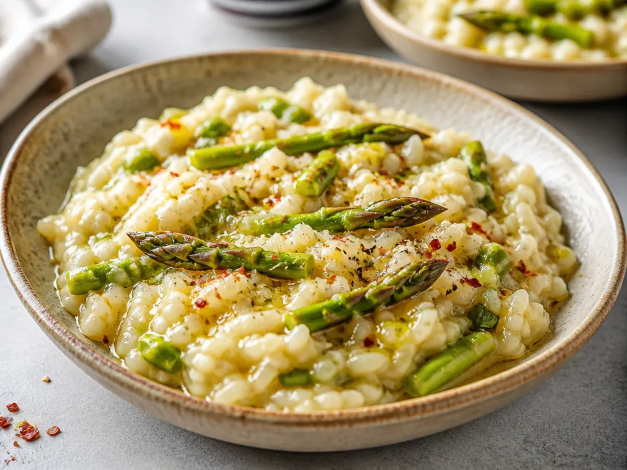 Asparagus stirred into risotto with a wooden spoon