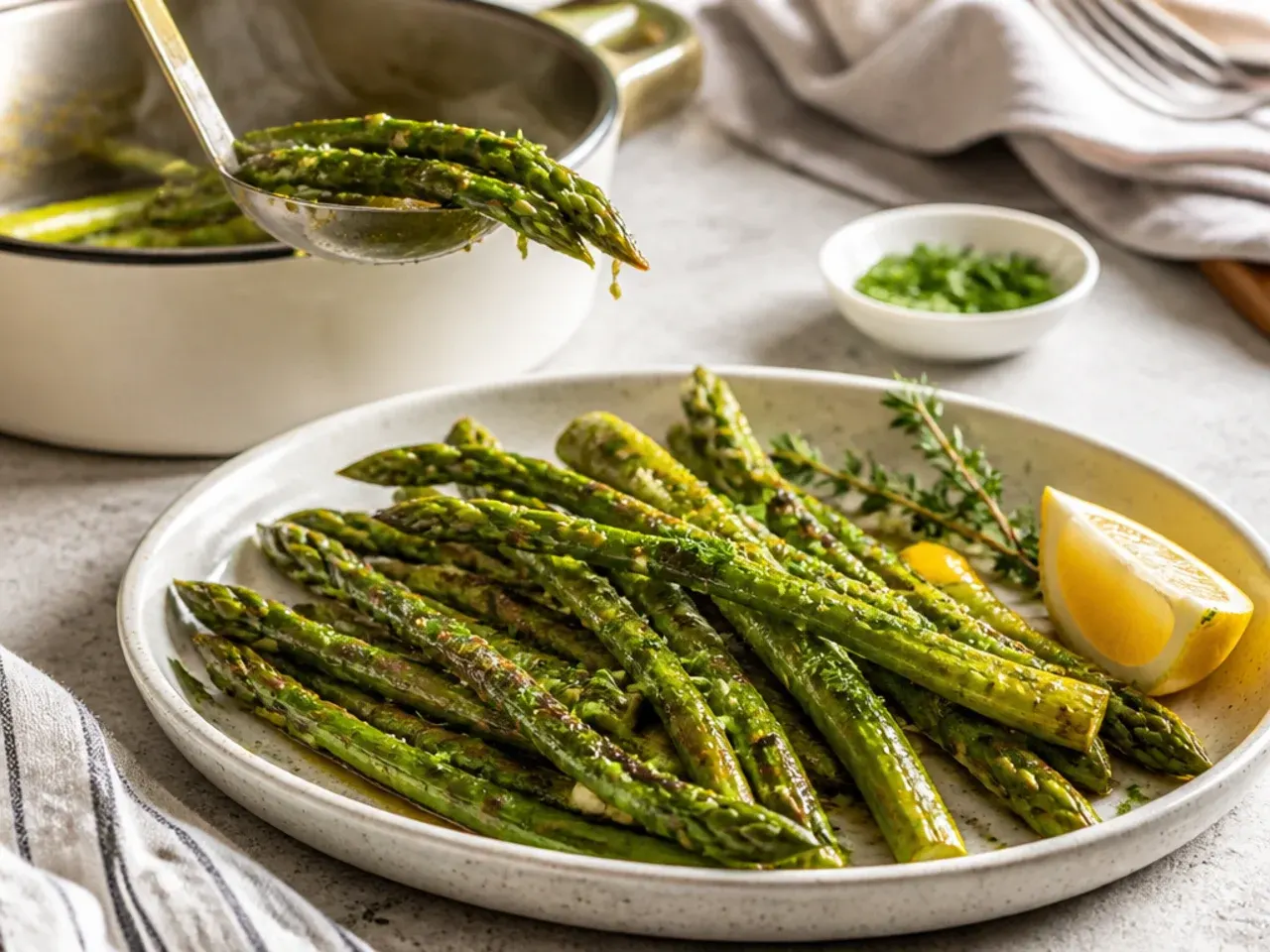 Asparagus bunch standing upright in a jar of water in the fridge