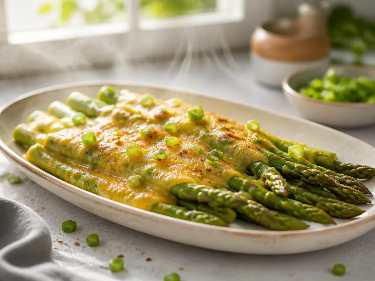 Leftover asparagus reheating in a dry frying pan