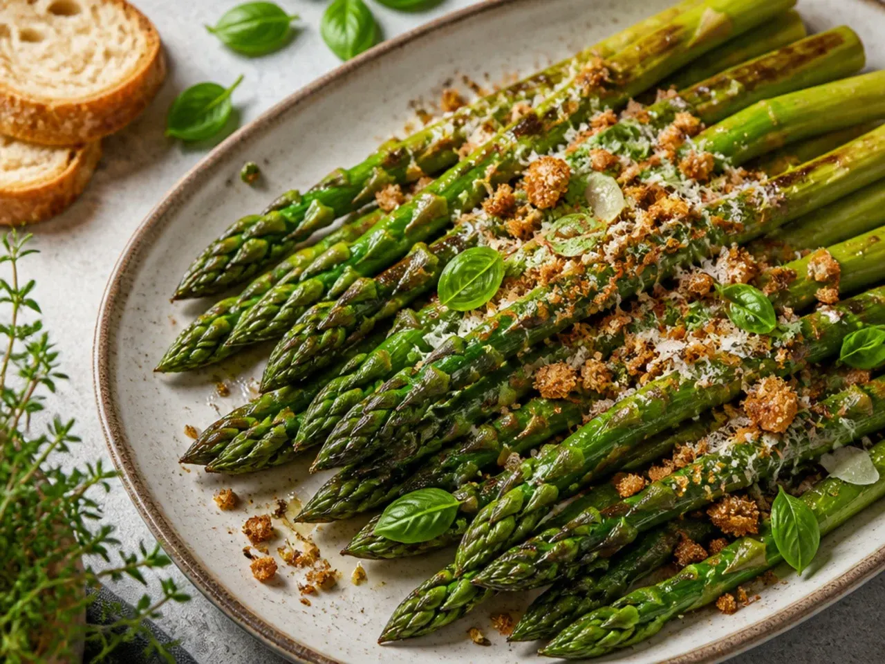 Blanched asparagus spears laid flat on a tray before freezing