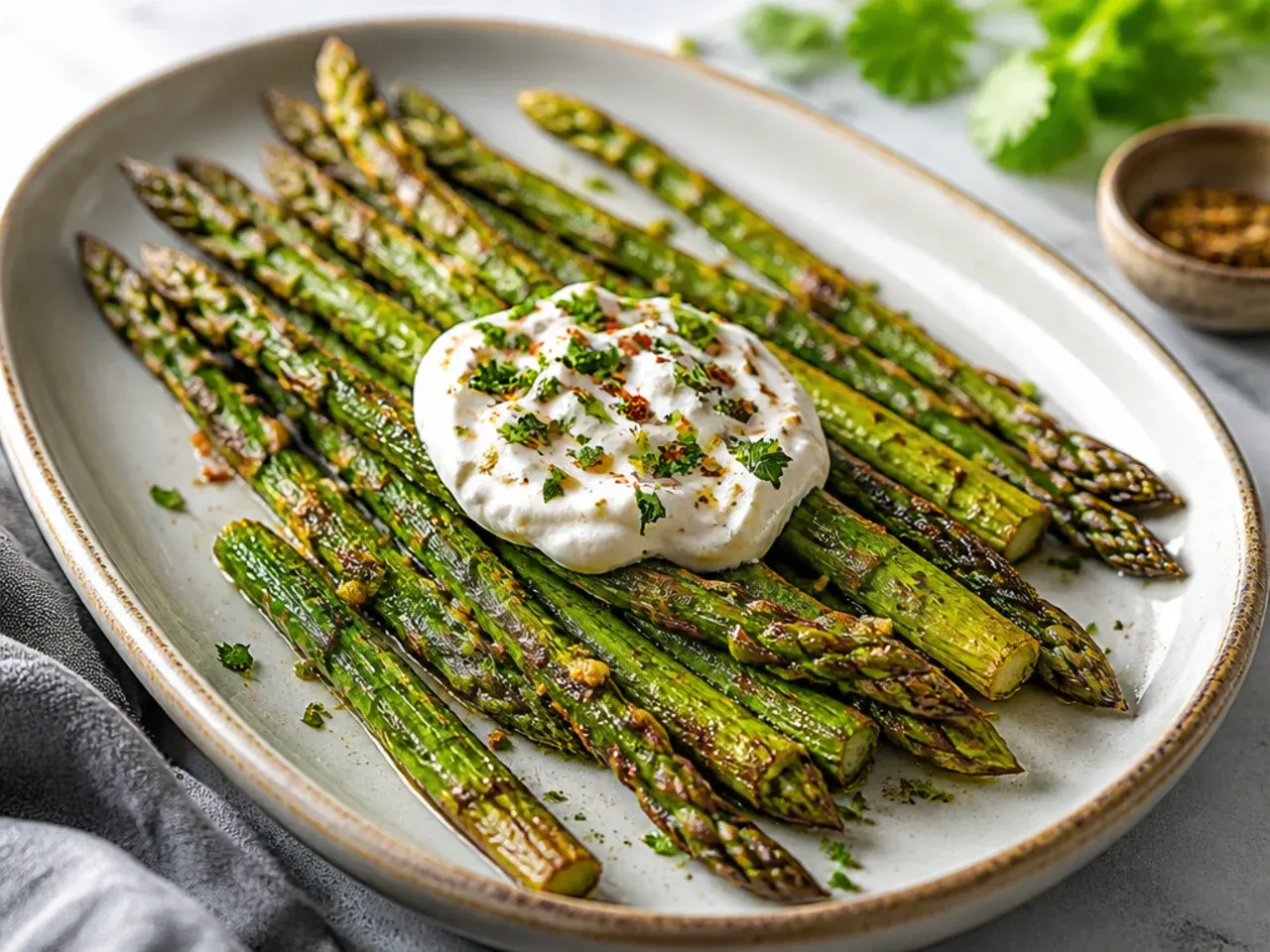 Golden roasted asparagus spears shaken halfway through cooking on a tray