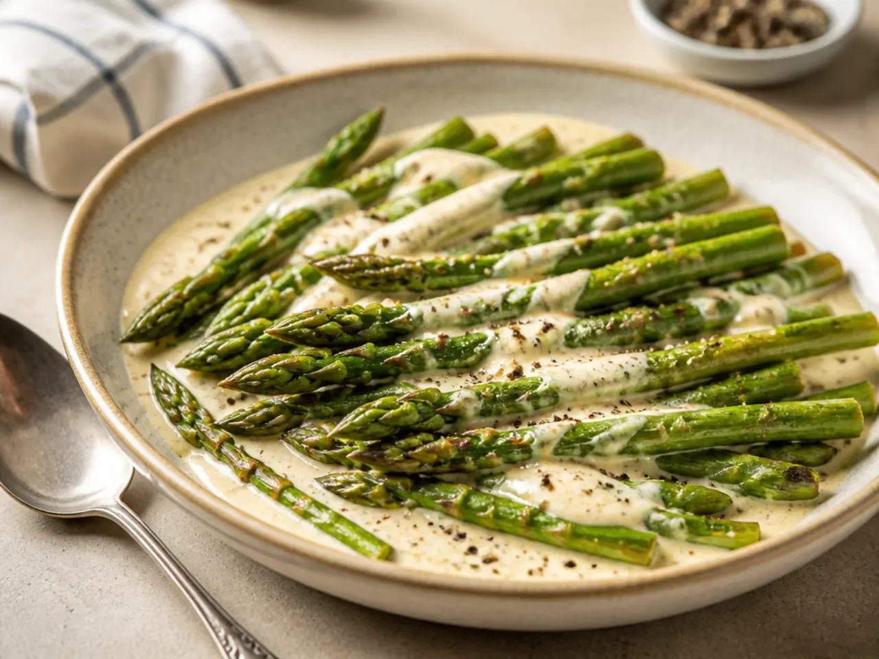 Close-up of tender-crisp asparagus spears with golden, blistered tips