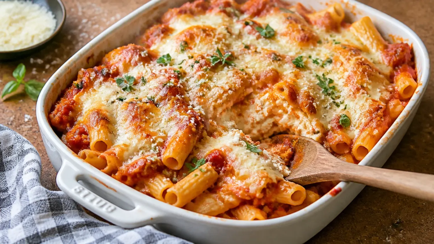 Overhead shot of easy baked ziti with ricotta in a white baking dish, golden bubbling mozzarella on top and a spoon lifting out a cheesy portion.