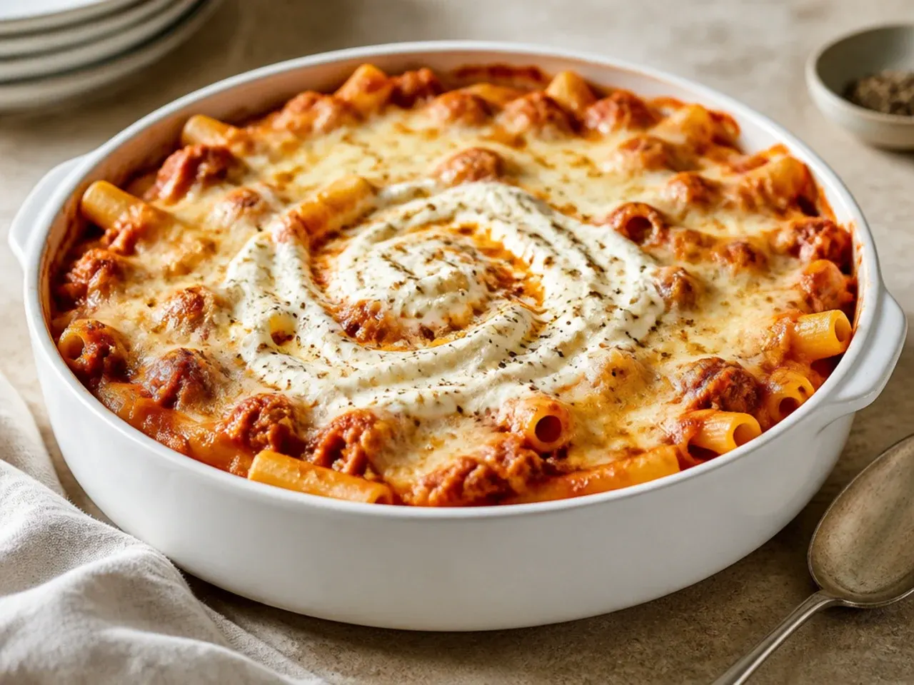 Close-up of easy one-bowl baked ziti with ricotta being spooned straight from the baking dish, showing soft pockets of ricotta among saucy pasta.