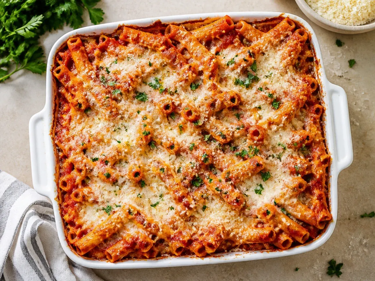 Sliced square of classic layered baked ziti with ricotta and meat sauce, showing distinct pasta, ricotta and sauce layers on a white plate.