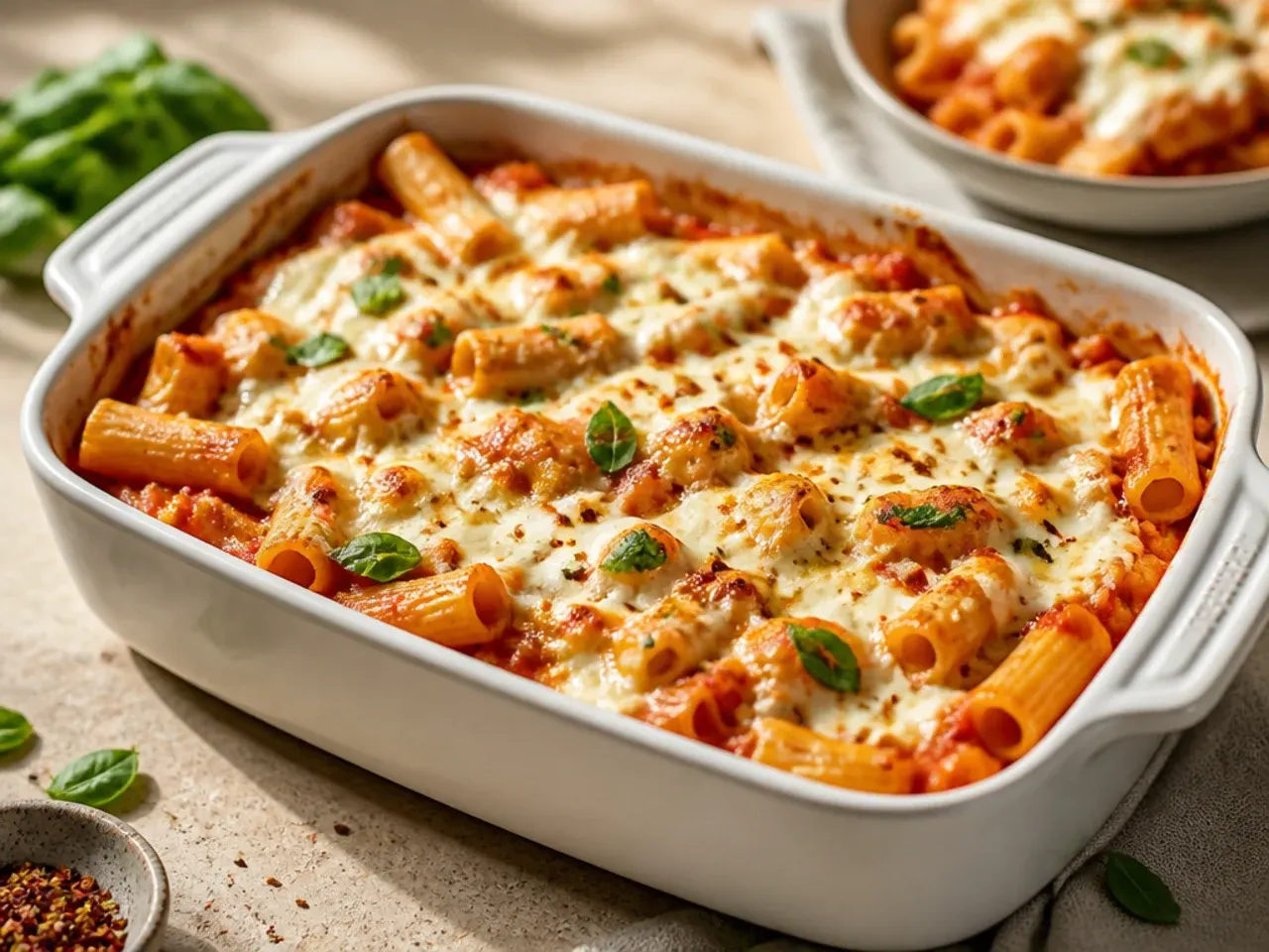 Side-by-side ingredients for easy baked ziti with ricotta versus classic baked ziti, including ground beef, ricotta tubs and jarred marinara sauce on a kitchen counter.