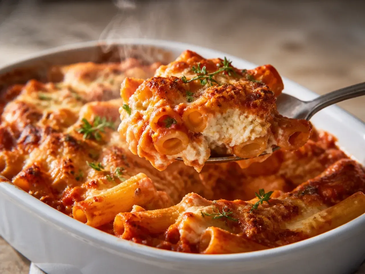 Two baking dishes of baked ziti with ricotta side by side, one saucier and looser, one firmer with clean-cut square edges.