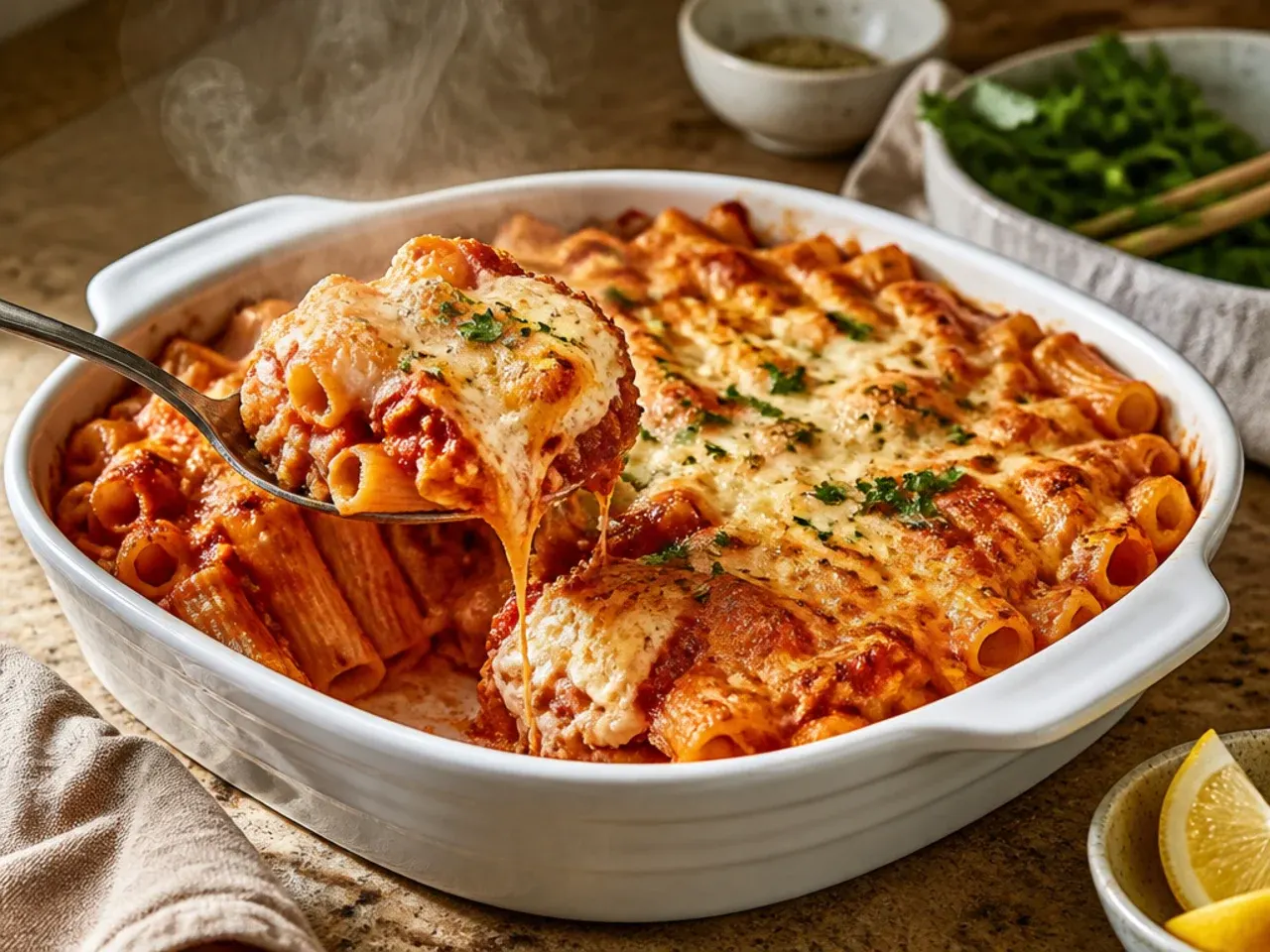 Overhead timer and clock beside a tray of baked ziti with ricotta, illustrating prep and bake time for the easy versus classic method.