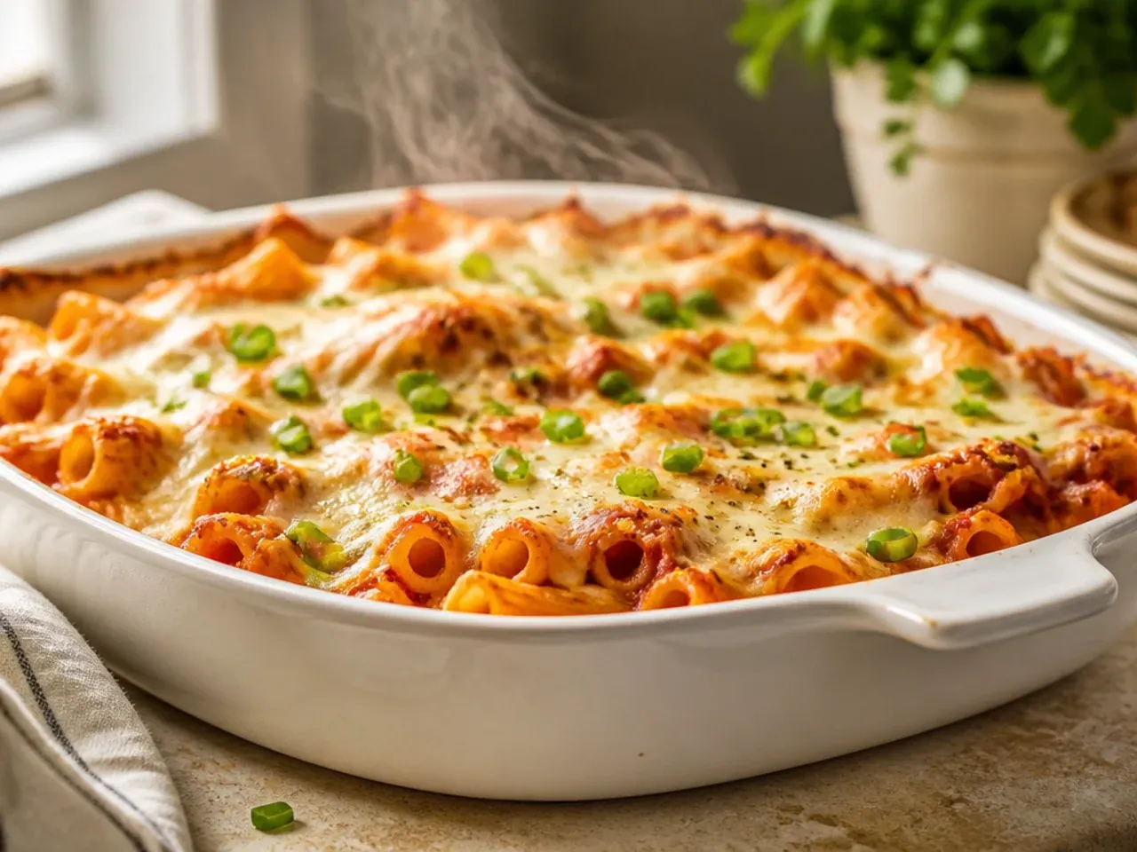 Family-style table set with a warm dish of baked ziti with ricotta, garlic bread and a side salad for a weeknight dinner.