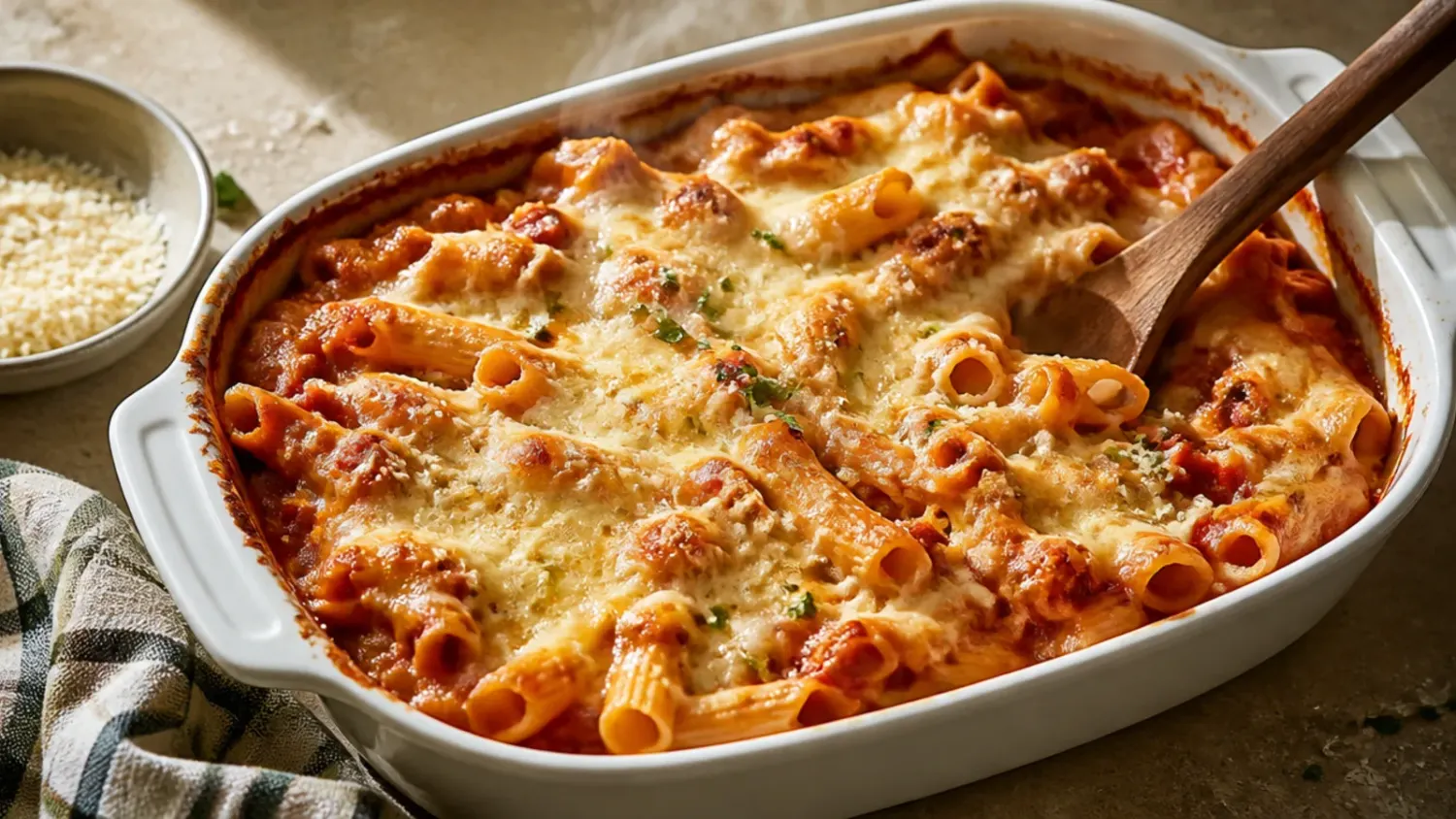 Bubbling baked ziti in a white ceramic dish, golden melted cheese pulled apart to reveal a rich tomato meat sauce beneath