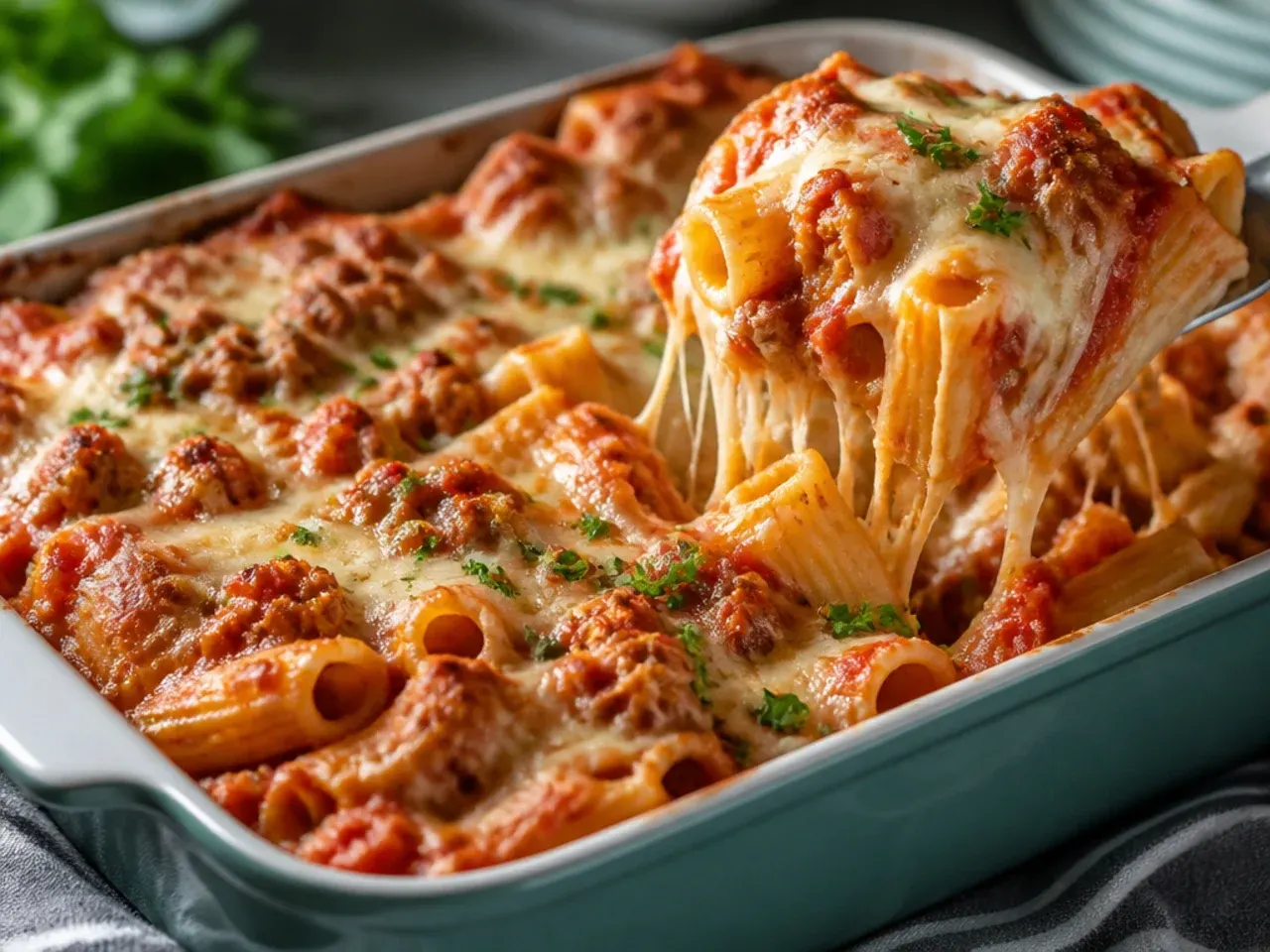 Overhead shot of a full baking dish of golden baked ziti next to bowls of grated cheese and fresh basil