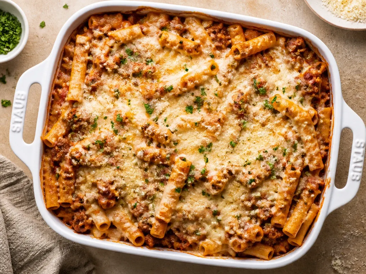 Close-up slice of classic baked ziti showing layers of beef and sausage sauce, ricotta and melted mozzarella