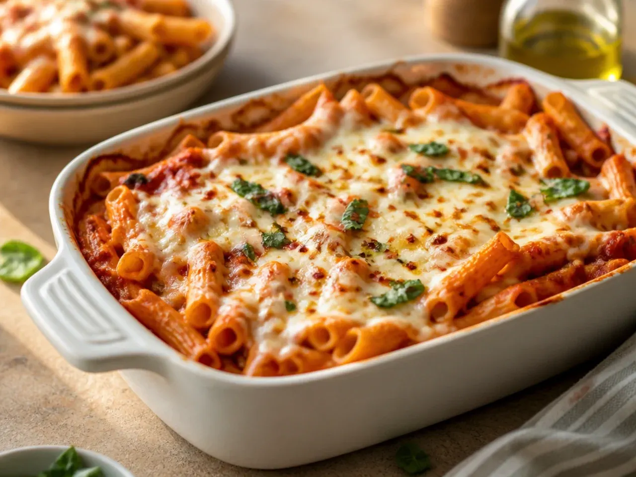 One large mixing bowl of baked ziti pasta tossed with sauce and shredded mozzarella, ready for the baking dish