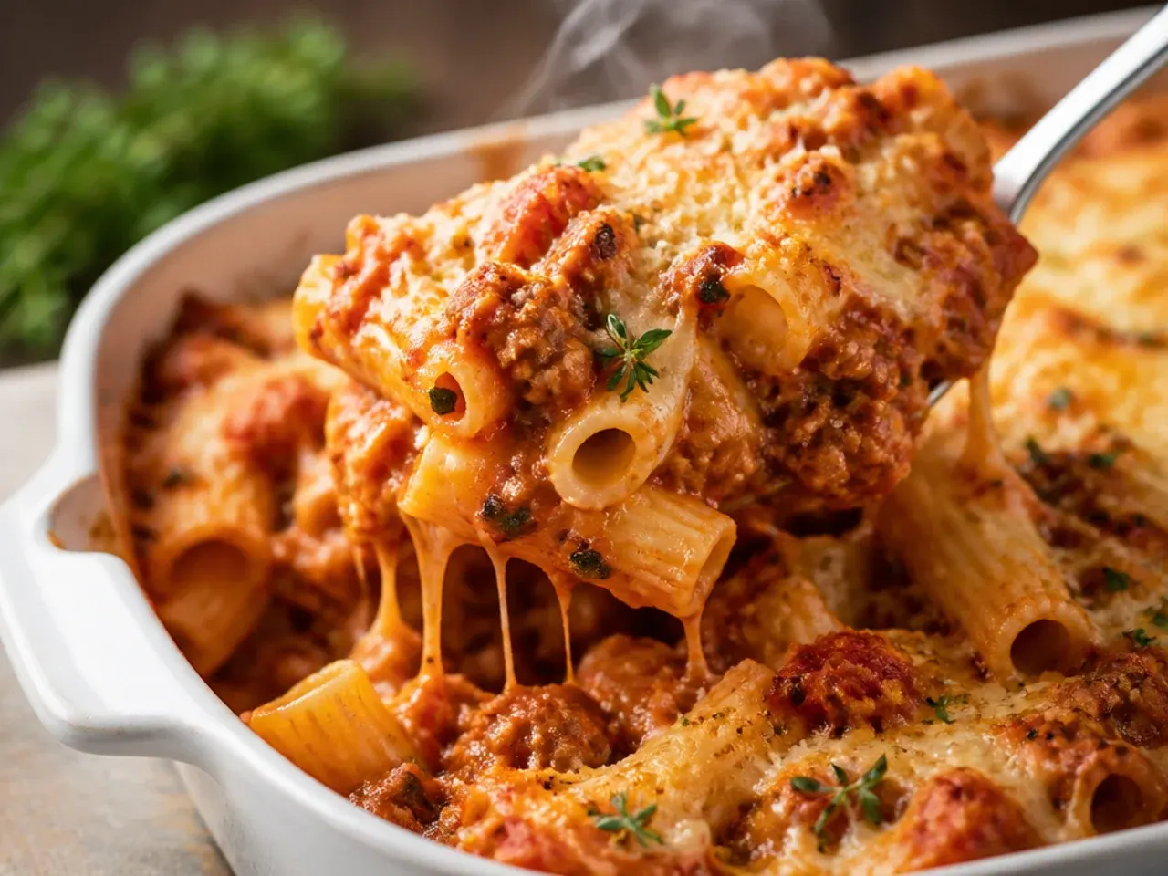 Baked ziti topped with crisped pepperoni and bubbling cheese, showing three types of meat in the sauce
