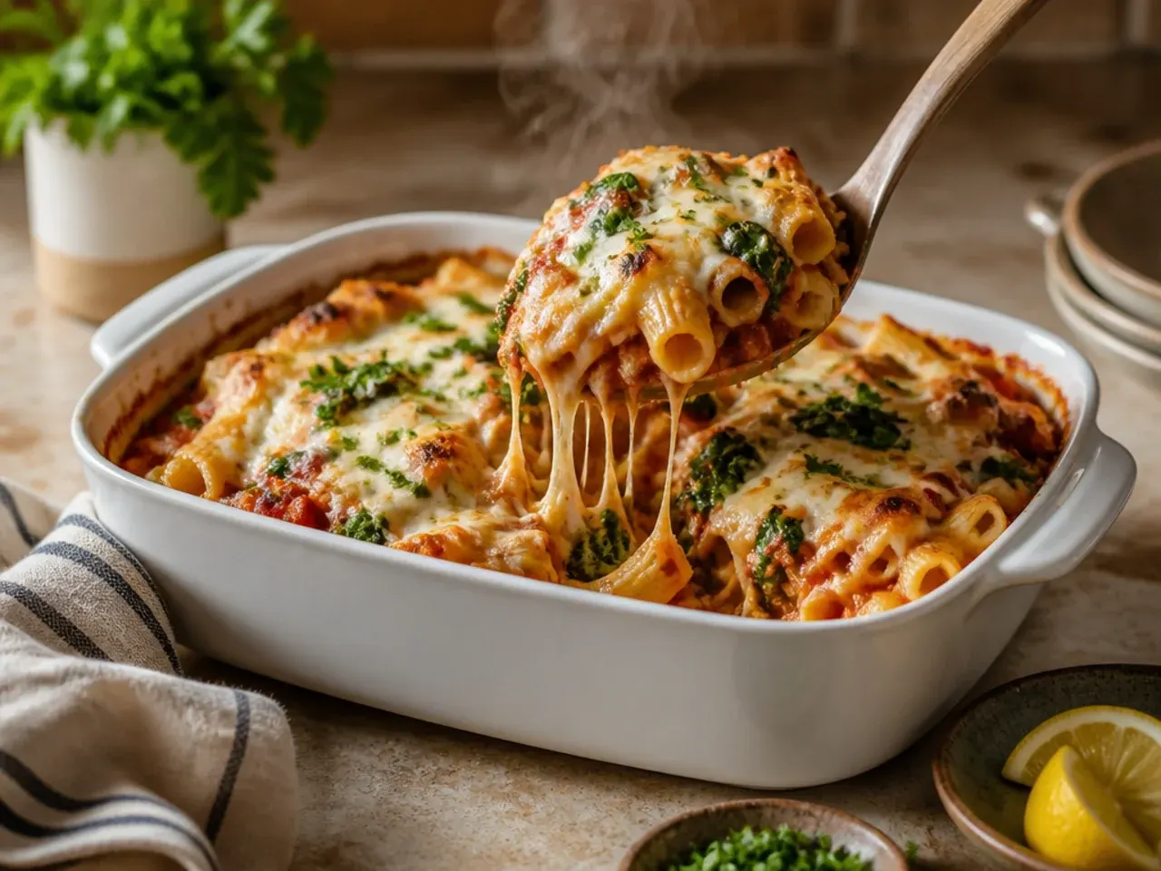 Forkful of baked ziti with visible wilted spinach folded through the creamy ricotta layer