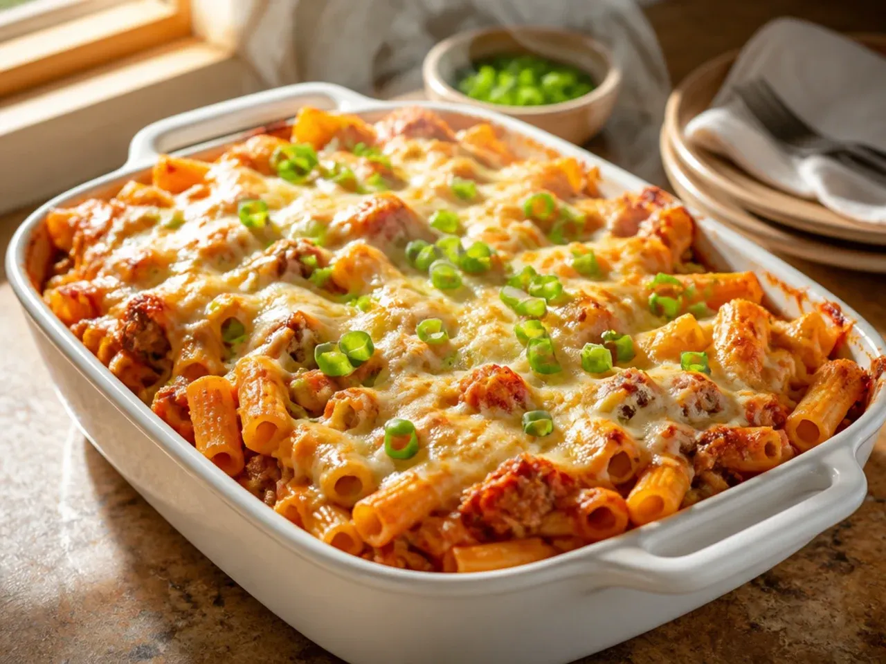 Creamy pink baked ziti sauce being spooned over pasta in a saucepan, showing the silky texture