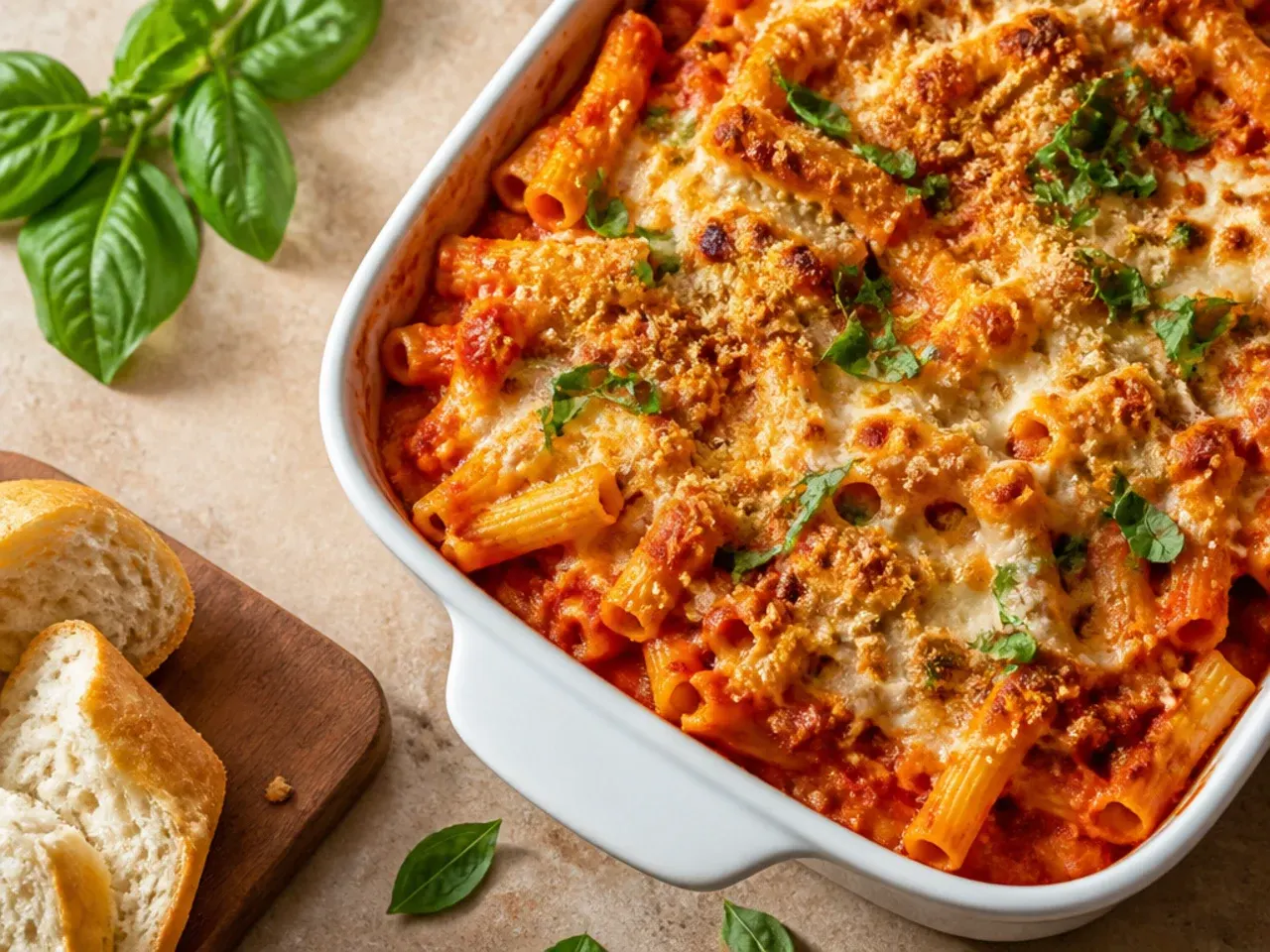 Quick weeknight baked ziti fresh out of the oven with a bubbling cheese top, timer visible in the background
