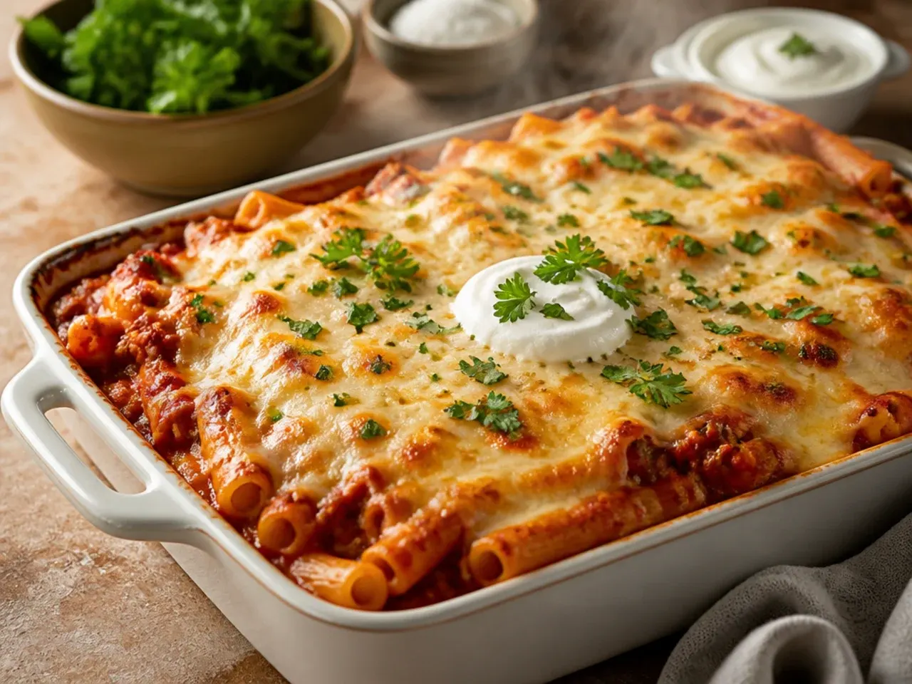 Spoon lifting a stretchy, cheesy portion of four-cheese baked ziti showing long strands of melted cheese