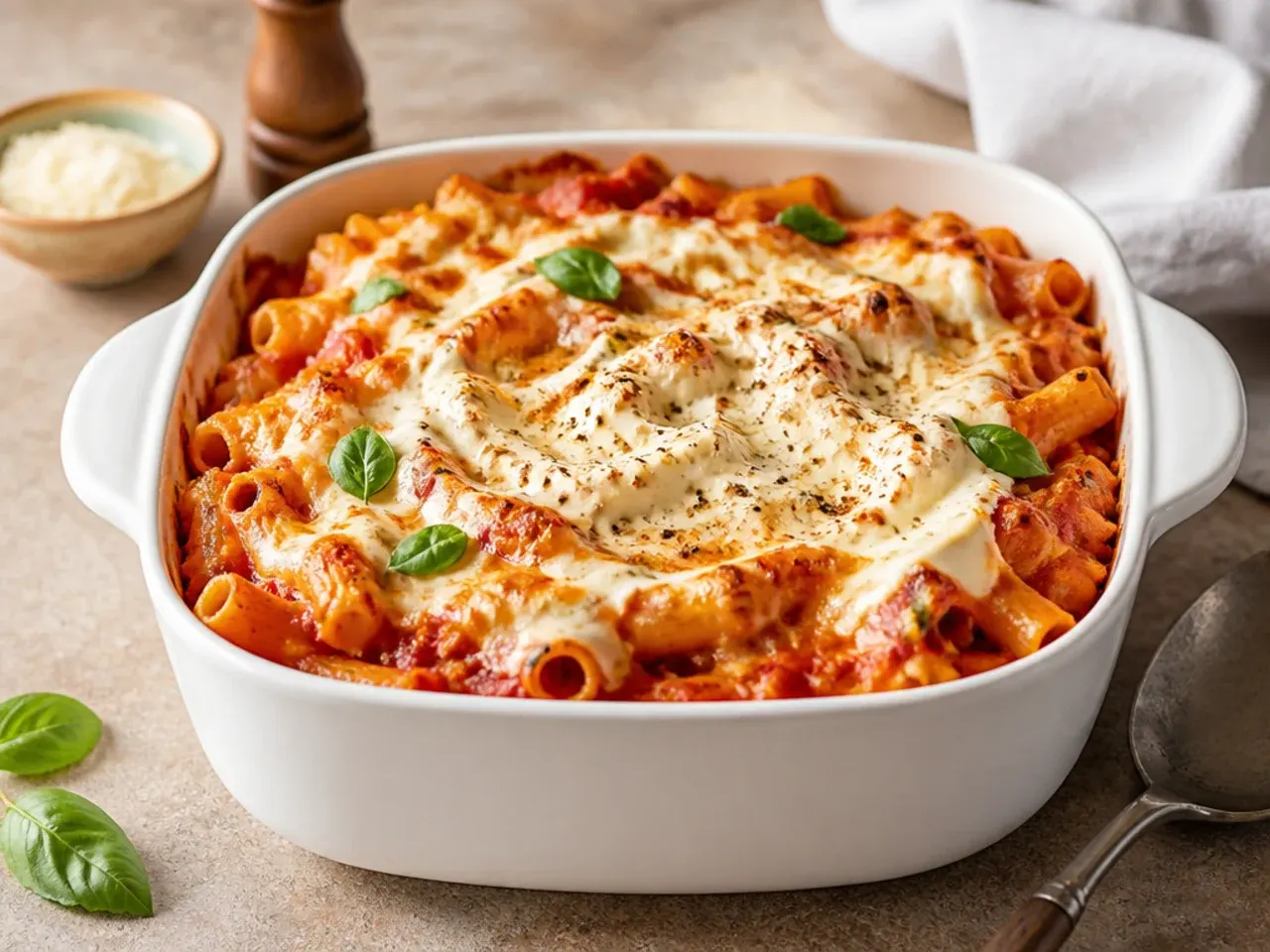 Vegetarian baked ziti with a chunky mushroom and lentil sauce visible beneath melted cheese
