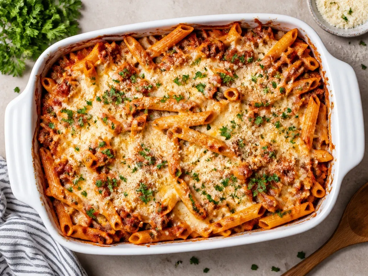Simple budget baked ziti in a basic glass dish with a straightforward cheddar and mozzarella topping