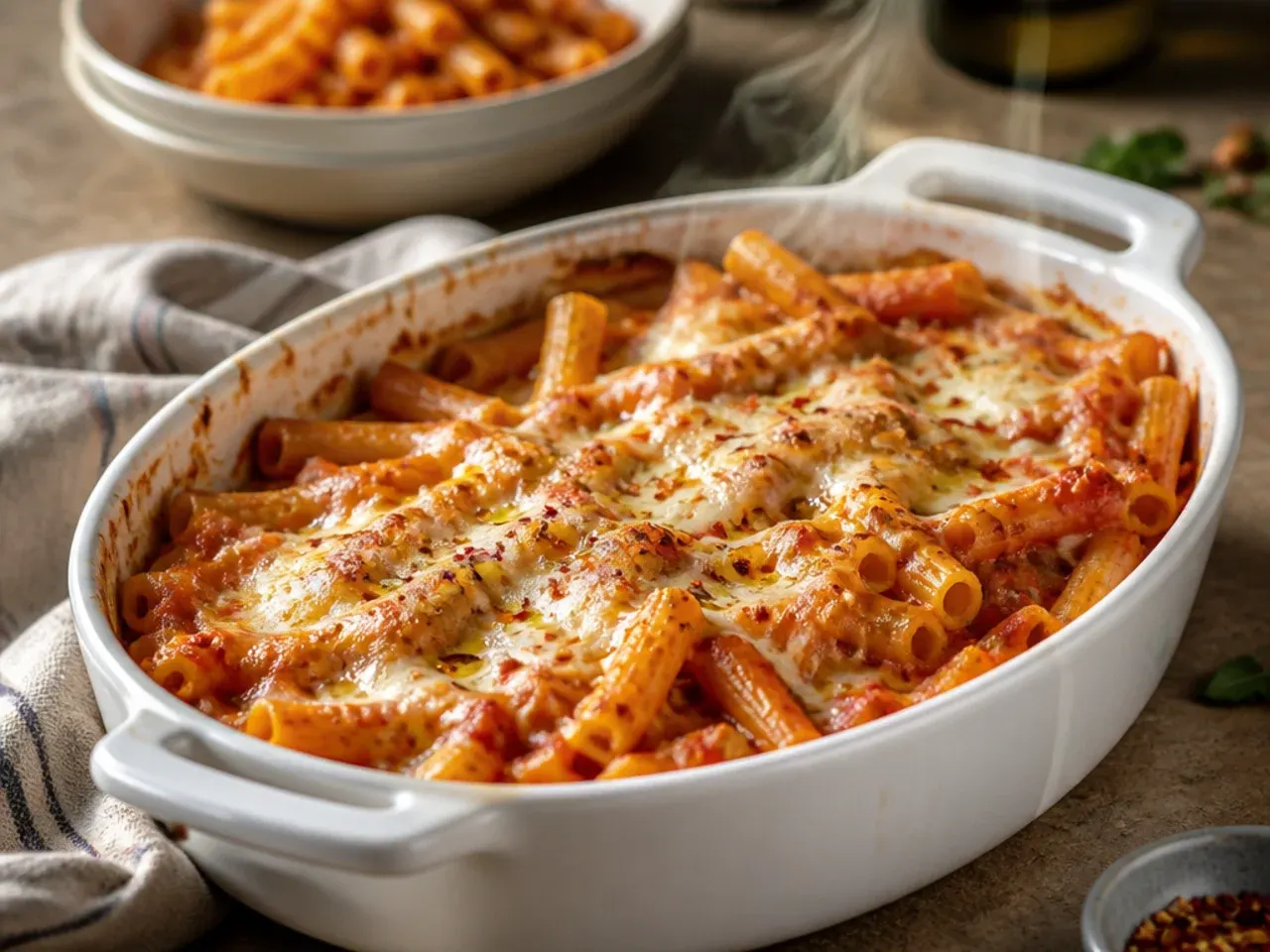 Cast iron skillet of baked ziti with a golden cheese crust, straight from the oven with a wooden spoon resting beside it