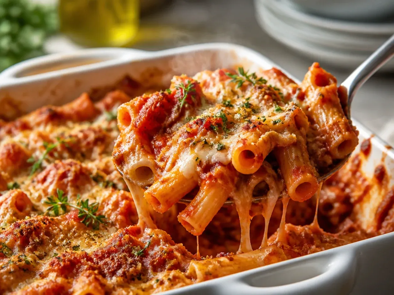 Rustic baked ziti in a terracotta dish with visible chunks of hand-crushed tomato and torn fresh basil