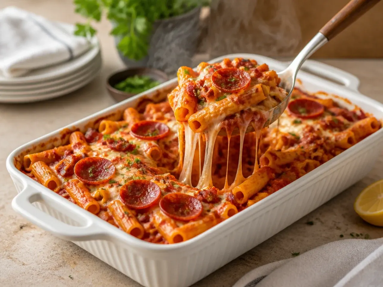 Loaded baked ziti topped with crispy bacon pieces and pepperoni slices over bubbling cheese