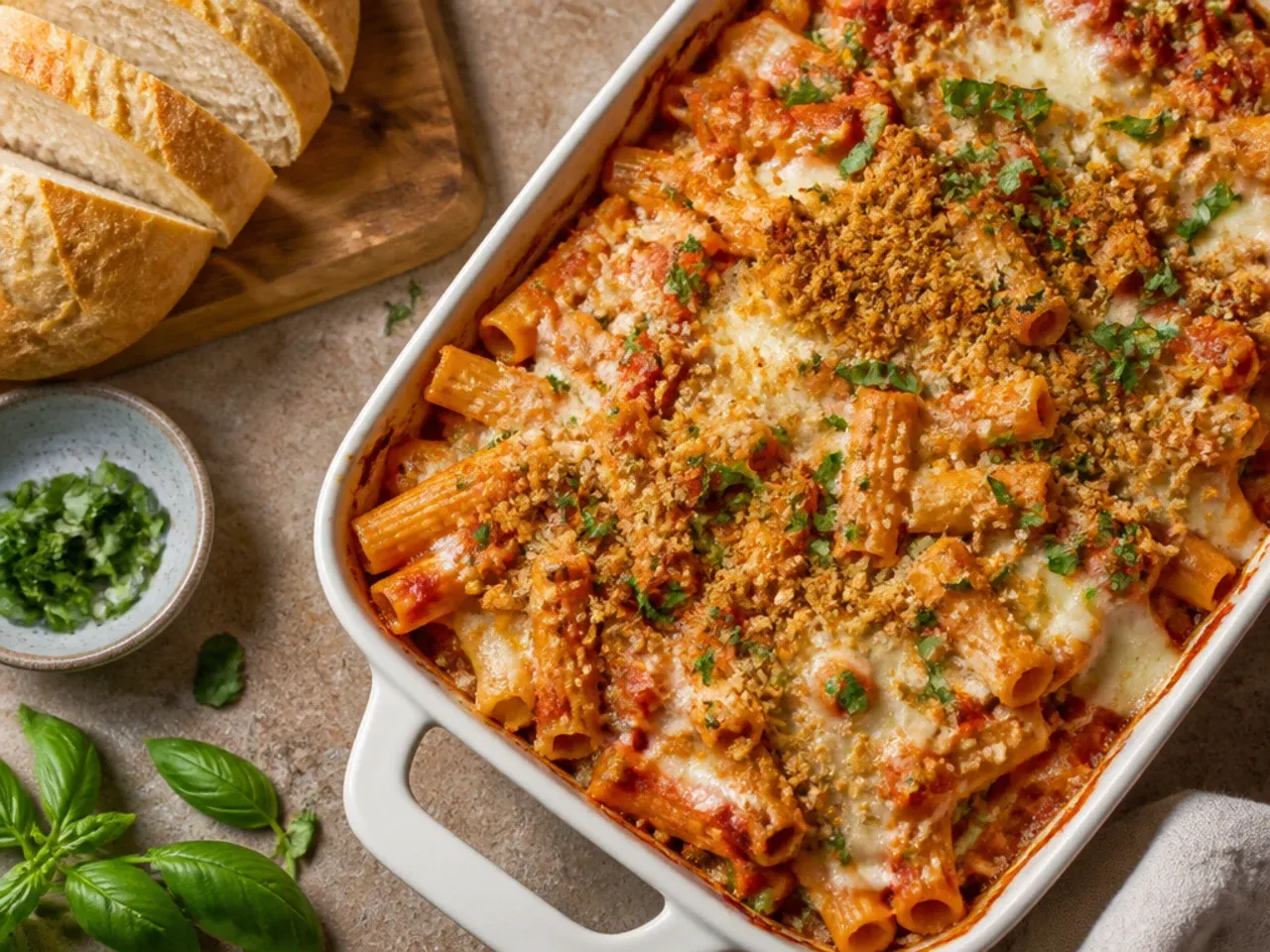 Elegant plated slice of restaurant-style baked ziti with a deep red wine-enriched sauce and fresh basil garnish