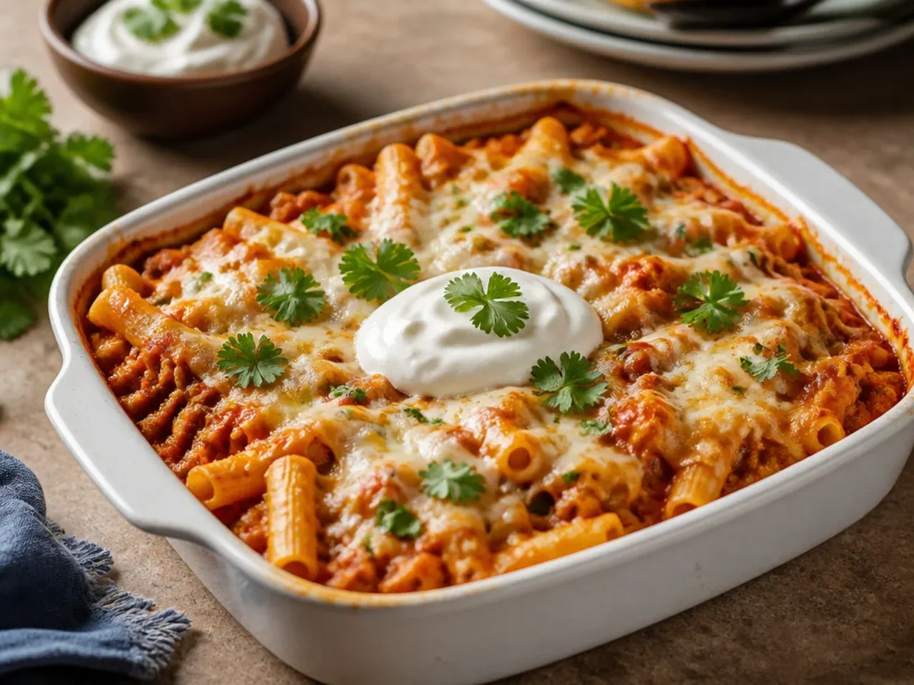 Single large pot of one-pot baked ziti with melted cheese on top and a ladle resting against the side