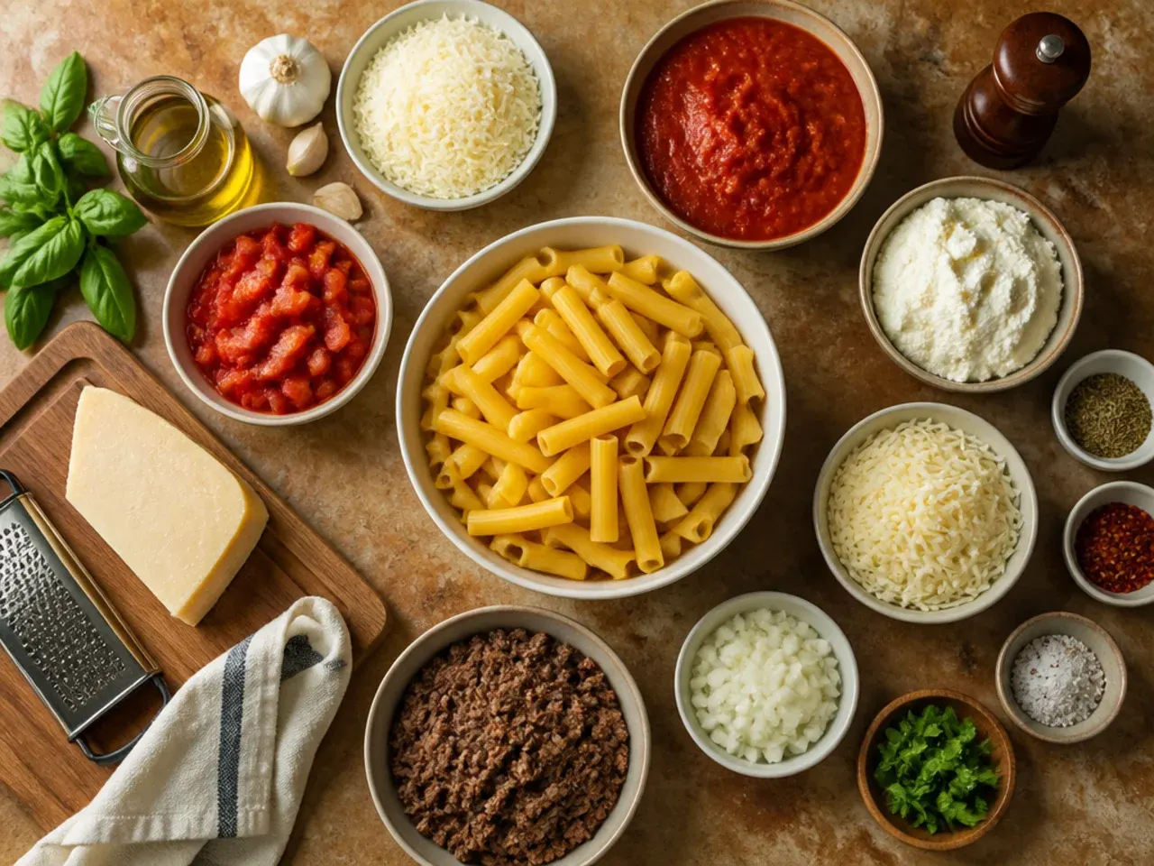 Close-up of hands grating a block of fresh mozzarella cheese over a tray, pasta water jug beside it