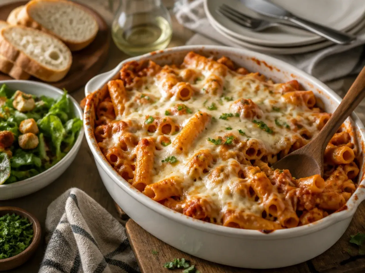 Dinner table set with a plate of baked ziti, a green salad and slices of garlic bread