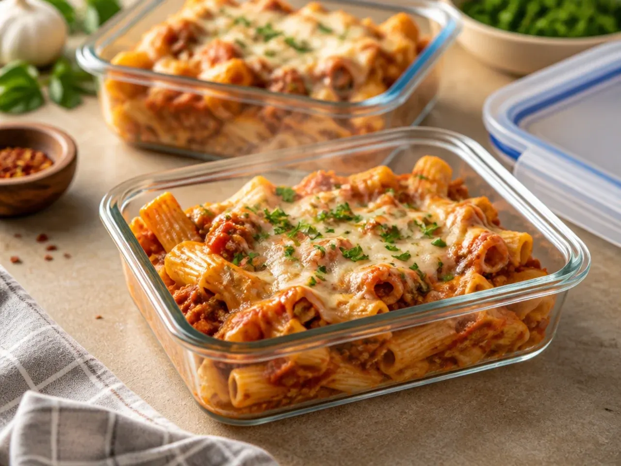 Glass storage container of leftover baked ziti portions stacked in the fridge, labelled with the date