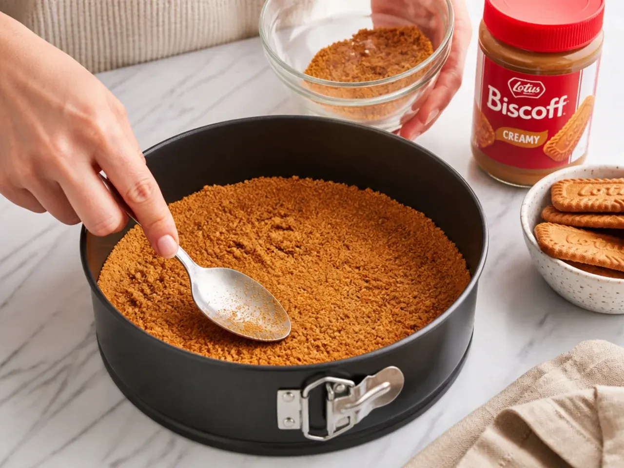 easy biscoff cheesecake — step 1: make the biscuit base