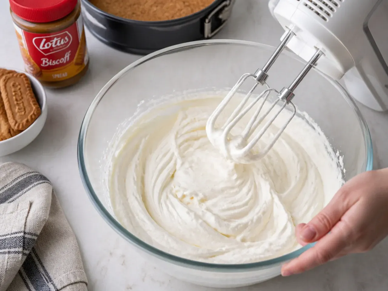 easy biscoff cheesecake — step 4: add the cream and whip to peaks