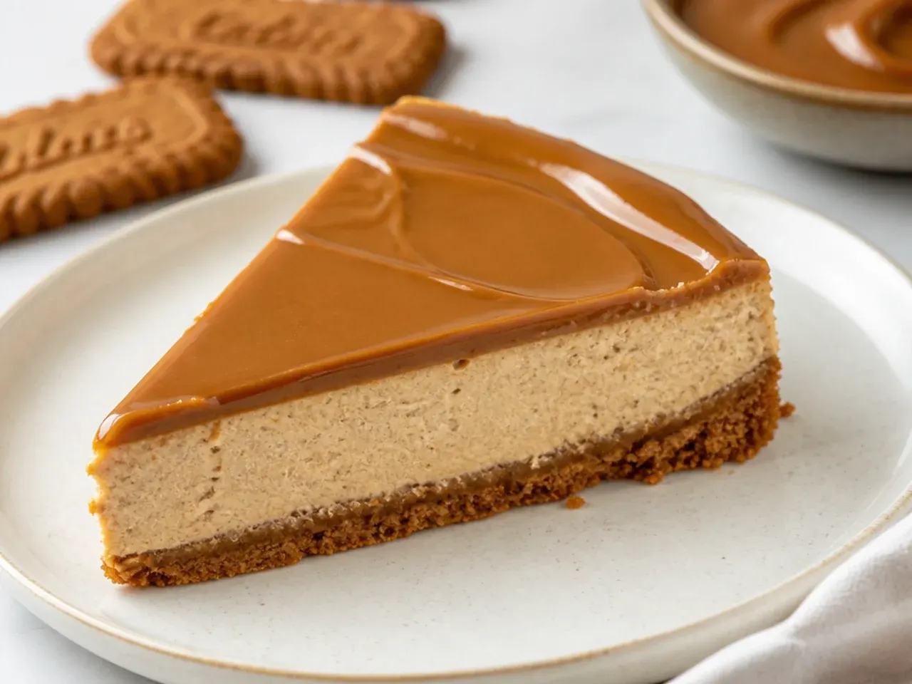 Slice of easy no-bake Biscoff cheesecake with a glossy cookie butter topping