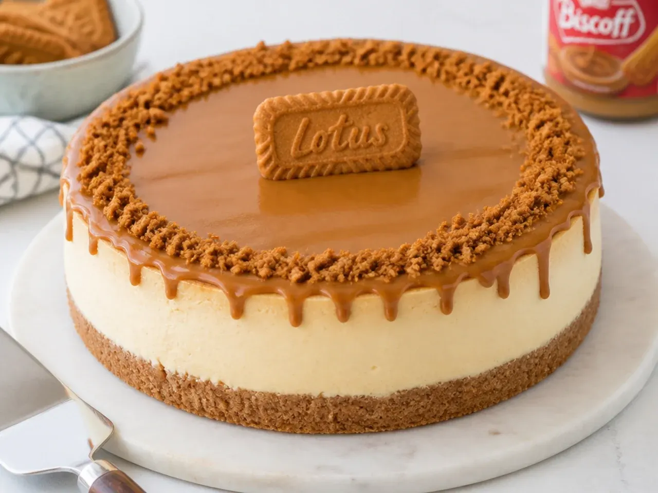 Classic overnight Biscoff cheesecake with smooth cookie butter glaze on top