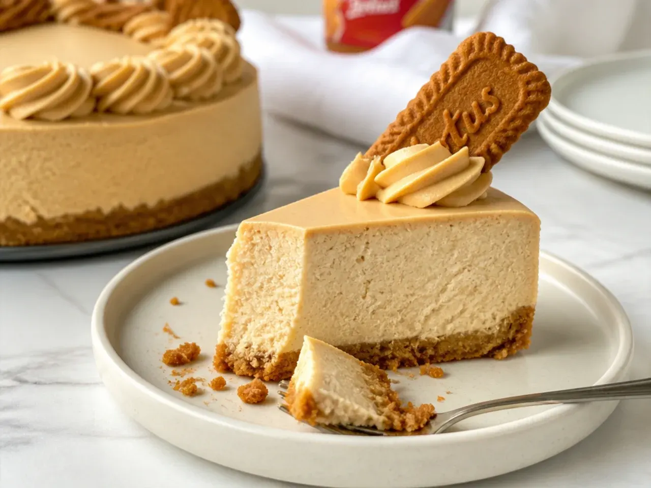 Simple 5-ingredient easy Biscoff cheesecake sliced on a plate