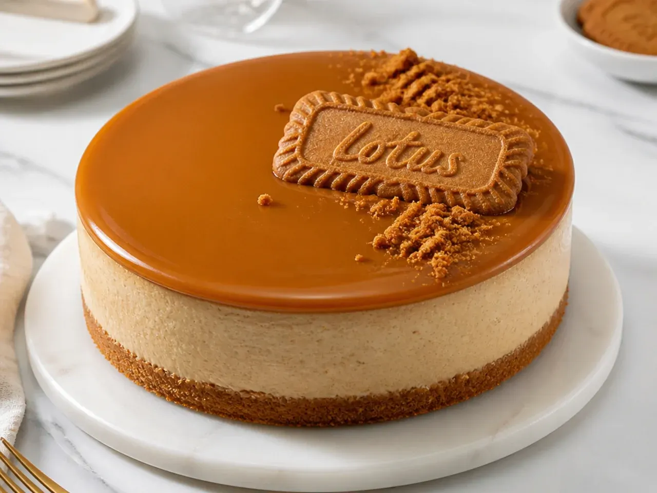 Elegant Biscoff cheesecake with a glossy mirror glaze cookie butter top