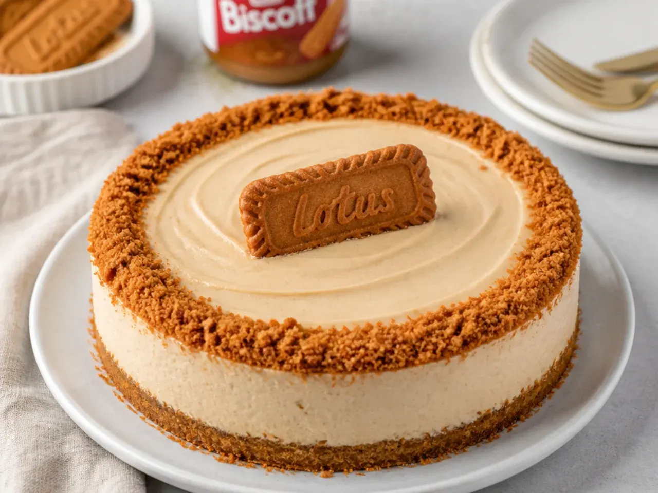 Playful easy Biscoff cheesecake with biscuit crumbs pressed around the edge